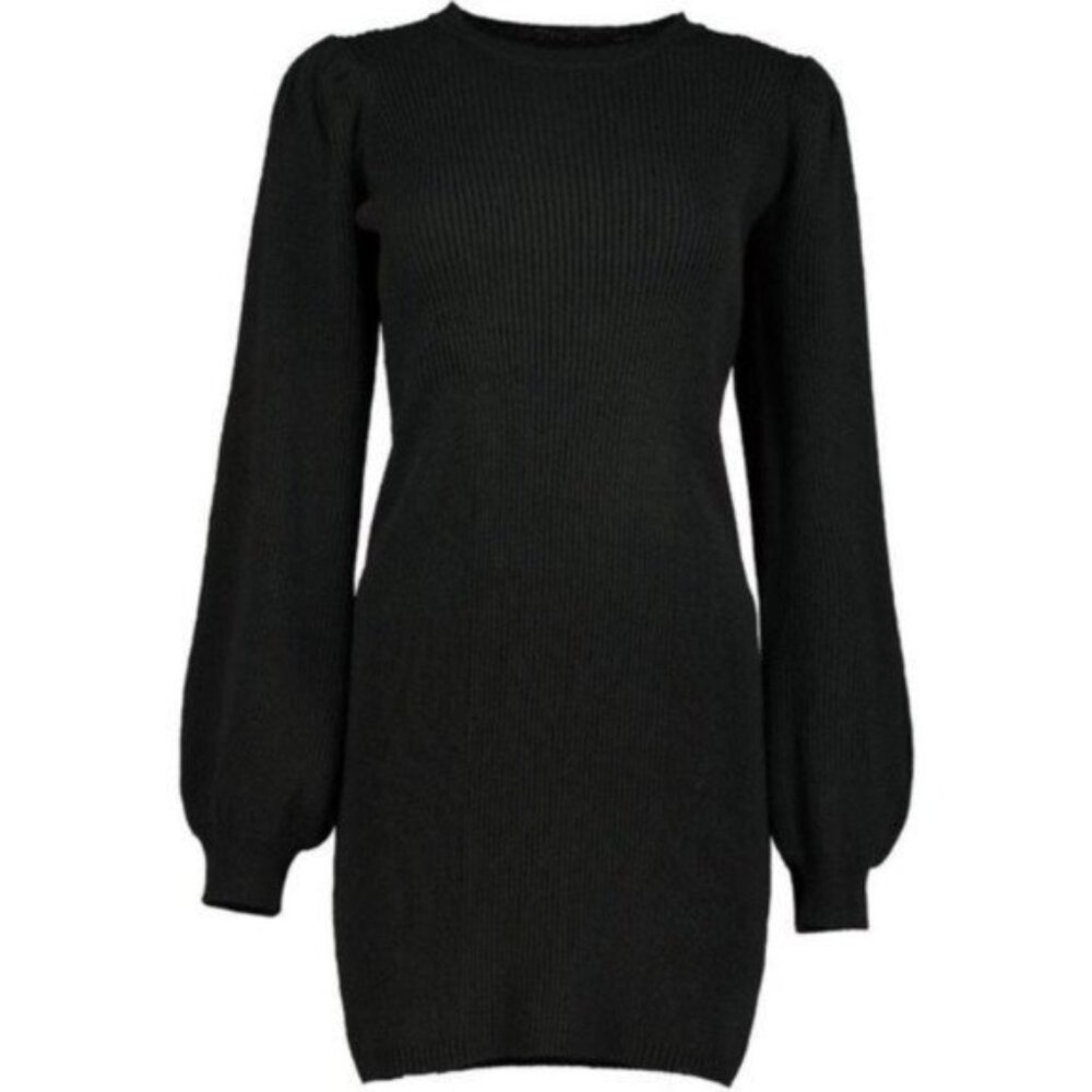 Bishop + Young Black Ribbed Bodycon Sweater Dress with Balloon Sleeves